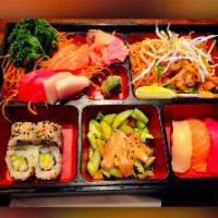 Sushi and Sashimi Box/Padthai · 6 pieces of sashimi, 3 pieces nigiri, 4 pieces California roll. Raw/undercooked. Served with...