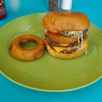 1/2 lb. Tony Gwynn Burger · 1/2 lb. heavy hitter double style with American cheese and topped with onion rings. Served w...