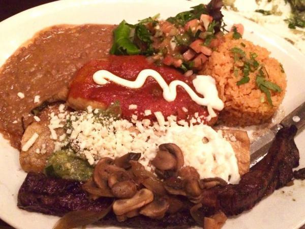 FABULOSA · Carne asada, chile relleno, flauta de pollo, served with rice and beans 