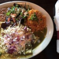 TOMATILLO VERDE ENCHILADAS · 3 Corn tortillas stuffed with your choice of beef, pulled chicken, cheese or portobello, top...