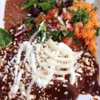 MOLE POBLANO ENCHILADAS · 3 Corn tortillas stuffed with your choice of beef, pulled chicken, cheese or plantains, topp...