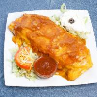 El Burro Grande · Flour tortilla filled with beef, beans and rice. Covered with Spanish burrito sauce and melt...