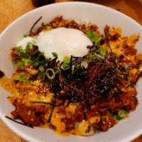 Jaeyuk Dupbab · Spicy marinated pork and mixed vegetables on rice with crispy quinoa, iceberg lettuce, chili...