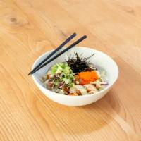 Poke Rice Bowl · Soy-wasabi marinated tuna, salmon or half&half on rice with crispy quinoa, iceberg lettuce, ...