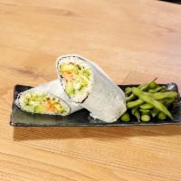 Sushi Burrito · Seaweed wrap filled with Soy-wasabi marinated tuna, salmon or Half&Half, rice, avocado, cris...