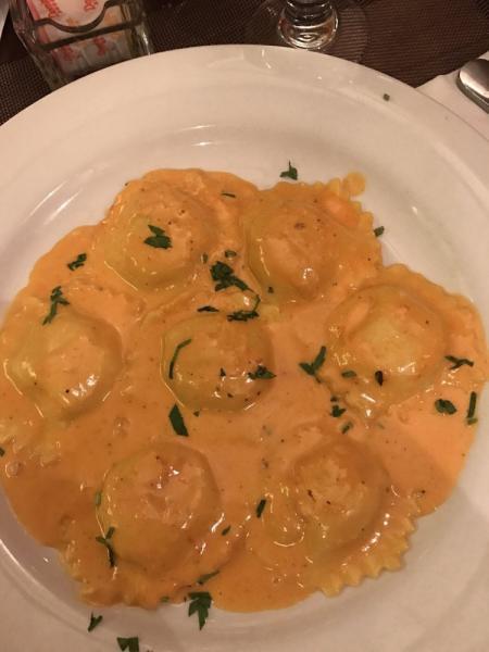 Lobster Ravioli · Pasta stuffed with lobster meat in a pink vodka sauce.