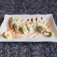 Flying Dragon Roll Dinner · Shrimp tempura, cucumber, topped with avocado, spicy mayo and crunch.