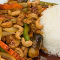 6. Cashew Nut Chicken · Sauteed with mushrooms, onion, bell pepper, carrots, cashew nut, and roasted sweet chili sau...