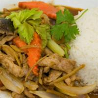 8. Ginger Chicken · Sauteed with mushrooms, onion, vegetables, and ginger in garlic sauce.