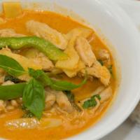 17. Red Curry Chicken · Bambo shoots, bell pepper, and basil, in coconut milk and red curry paste. Spicy.