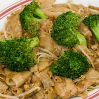 22. Pad See Ew Chicken Noodle · Fresh, flat rice noodles stir-fried with egg, broccoli and bean sprouts.