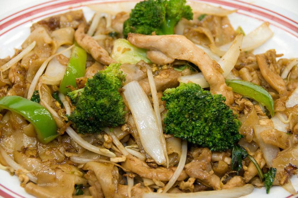 23. Pad Kee Mow Chicken Noodle · Drunken noodles. Fresh, flat rice noodles stir-fried with egg, onion, bell pepper, broccoli, bean sprouts, and chili. Spicy.