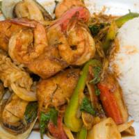 47. Basil Chili Seafood · Sauteed catfish, prawns, mussels with onion, bell pepper, and basil in chili garlic sauce. S...