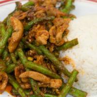 48. Pad Prik King Chicken · Sauteed with green bean and Prik king curry paste. Spicy.