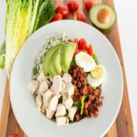 Cobb Salad · Fresh chopped romaine, egg, avocado, crispy diced bacon, oven roasted chicken, crumbled blue...