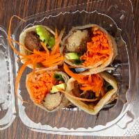 A9. Mock Duck Rolls (v) · Vegetarian duck, cucumber, scallion, carrot and sauce in wrapped roti. Vegan.