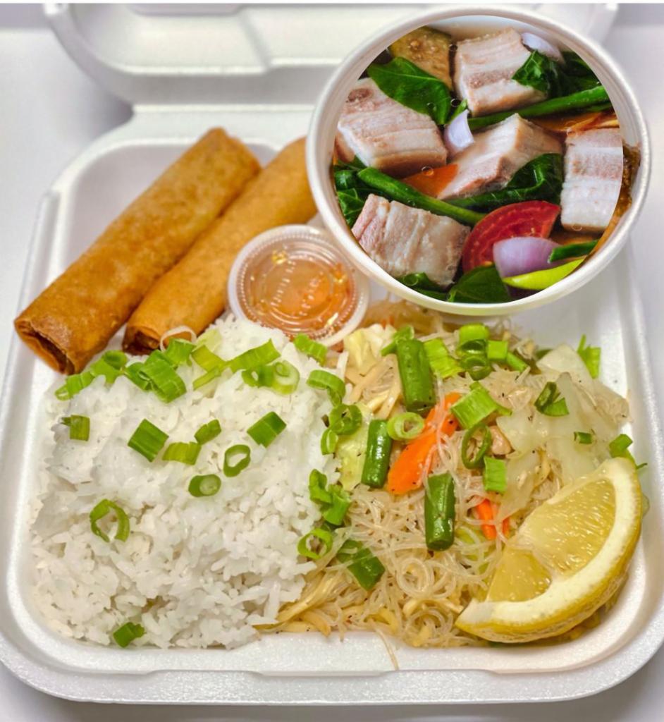 Sinigang Soup Plate  · A popular Filipino soup, rich with  its sour and savory taste.  Made with  pork  belly, rib tips, green beans, eggplant,  and bok choy.  It is one of the more popular dishes in Filipino cuisine. A must try!

**Served with  1/2 Rice and 1/2 Pansit, with 2 Lumpiang Shanghai.