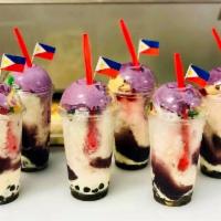 Halo-Halo · Shaved ice with milk and cream. Topped with tapioca pearls, coconut shavings, nata de coco (...