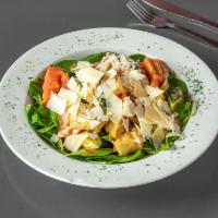 Arugula Spinach Salad · Arugula, spinach, tomatoes, cucumbers, artichoke hearts, shaved Parmesan, tossed with balsam...