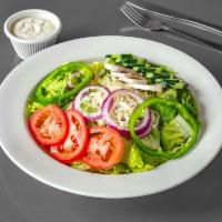 Rossini's Insalata · Fresh garden greens with green peppers, red onions, tomatoes, cucumbers, mozzarella cheese, ...