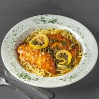 Chicken Picatta · Fresh chicken sauteed in white wine with garlic, capers, fresh squeezed lemon juice, and fin...