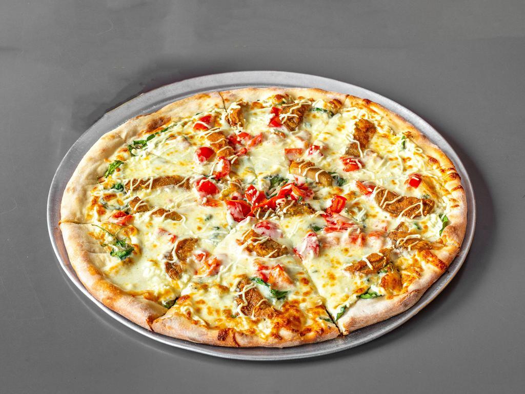 Romana Gourmet Pizza · A white pizza with eggplant, roasted red peppers, spinach, mozzarella, ricotta, and aged Romano cheese.