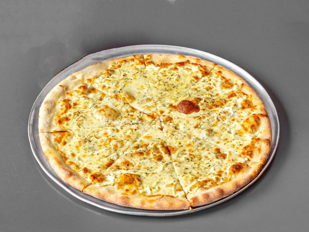 Quattro Formaggi Gourmet Pizza · A white pizza made with a blend of Gorgonzola, ricotta, aged Romano, mozzarella cheese, and oregano.