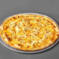 Buffalo Chicken Gourmet Pizza · A white pizza with Buffalo chicken, blue cheese dressing, and mozzarella cheese.