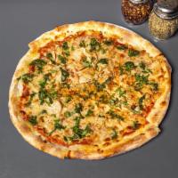 Chicken Pesto Gourmet Pizza · Grilled chicken, fresh basil, pesto, mozzarella, and aged Romano cheese on our signature piz...
