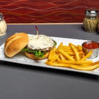 Cheeseburger · 8 oz. of certified Angus beef, cheese, lettuce, tomatoes, and mayo on a toasted bun with fri...