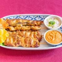 1. Chicken Satay- AP · 4 Marinated grilled chicken on a skewer served with peanut sauce and sweet cucumber sauce.