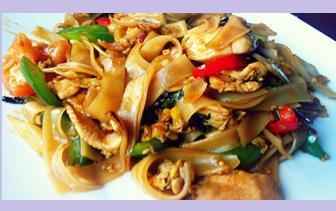 22. Drunken Noodle · Stir-fried wide rice noodles with fresh basil, onions, bell peppers and house chili pepper sauce.
