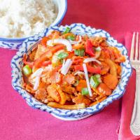 34. Pad Prik Pao · Stir-fried with onions bell peppers and basil in an exclusive house chili sauce. Served with...
