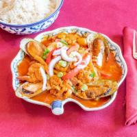 38. House Seafood · Stir-fried mussels, squid, shrimp and scallops mixed with bell peppers, onions, celery, scal...