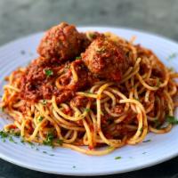 Spaghetti with Meatballs · With meat sauce, meatballs and Parmesan cheese. Served with garlic bread.