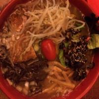 Miso Yasai Ramen · Fermented soybean paste. Inari tofu and spring mix with a selection of vegetables in rejuven...