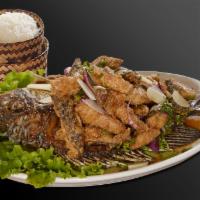 Crispy Fish Salad · Fried whole Tilapia with mints, shallots, scallions, cilantro with roasted rice powder chili...