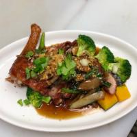 Crispy Duck Garlic · Garlic sauce with steamed broccoli and pumpkins served with Jasmin rice.