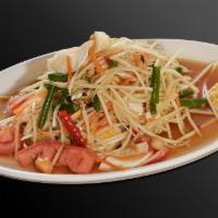 Tum Thai Kai Kem · Traditional Thai Papaya salad with salty egg, peanuts, dried shrimps (Sweet, Sour, Salty)
