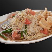 Tum Sua · Papaya salad with vermicelli noodle, fermented fish sauce (Salty, sour,fishy and strong smel...