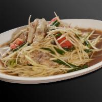 Tum Teen Gai · Papaya salad with chicken feet and fermented fish sauce (Salty, sour,fishy and strong smell)