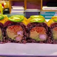 Angry Dragon Roll* · Shrimp tempura, spicy crab, avocado, topped with pepper tuna, spicy mayo and jalapeno.
