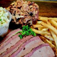 Brisket and Pulled Pork  · 1/2 lbs. each of USDA Prime beef brisket and 14 hour pulled pork smoked low and slow over oa...