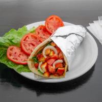 Chicken Gyro · Grilled seasoned chicken with  salad stuffed into a pita bread with white and hot sauce