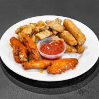 The Sampler · Mozzarella sticks, wings, broken hearts, served with our homemade marinara sauce. Includes 1...