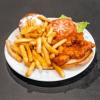 Buffalo Chicken Sandwich · Hand-breaded crispy chicken, Buffalo sauce, lettuce, tomato, and mayo served on a brioche bun.