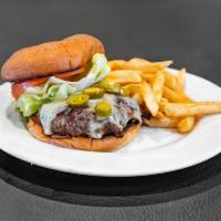 Inferno Burger · 1/2 lb. fresh ground beef patty, jalapeno, onion, mozzarella, tomato, lettuce, pickles, red ...