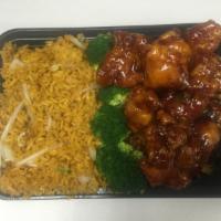 10. General Tso's Chicken Combination Platter · Served with pork egg roll and fried rice or white rice. Spicy.