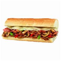 Steak Bomb (Small) · Freshly Grilled Sirloin Steak, Grilled Onions, Bell Peppers and Mushrooms, Genoa Salami,  Ca...