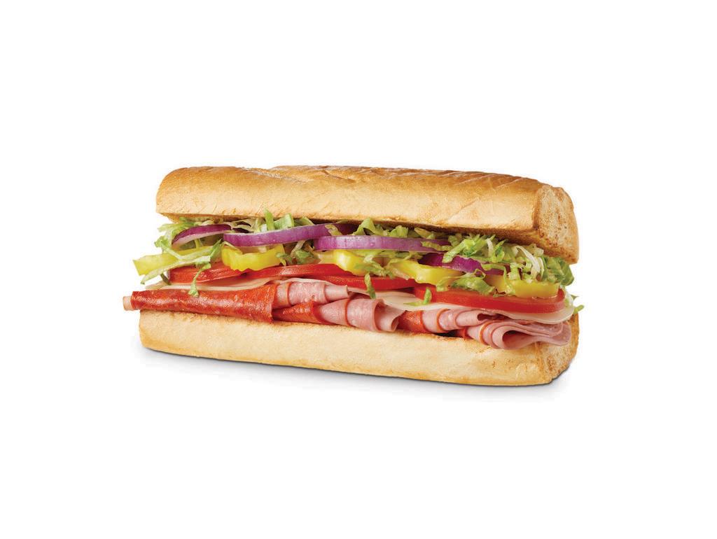 Italian Toasted (Small) · Pepperoni, Capicola, Genoa Salami, Mortadella and Provolone Cheese, topped with Lettuce, Tomato, Banana Peppers and Red Onions, drizzled with Extra Virgin Olive Oil and Red Wine Vinegar. Your choice of fresh garnishes can be added.